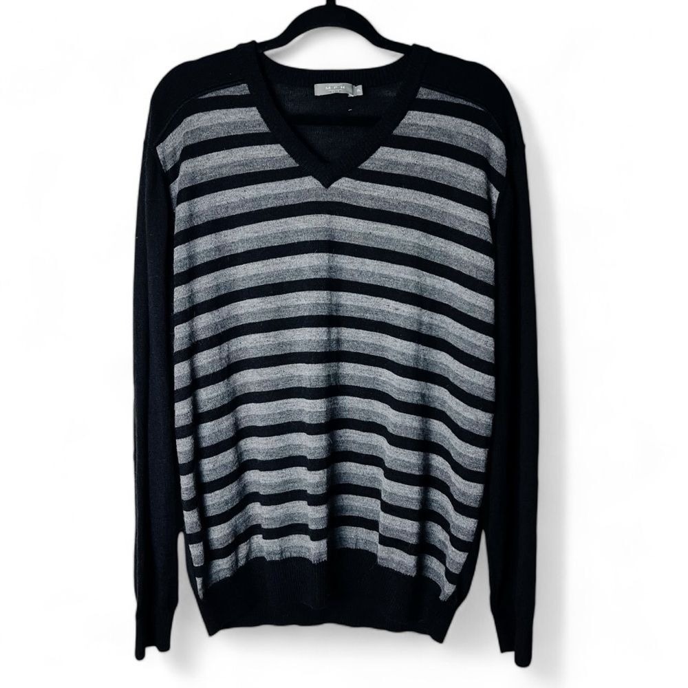 MFH Men's Striped V Neck Sweater Alpaca Merino Wool Blend Black & Gray - Sz. XL
